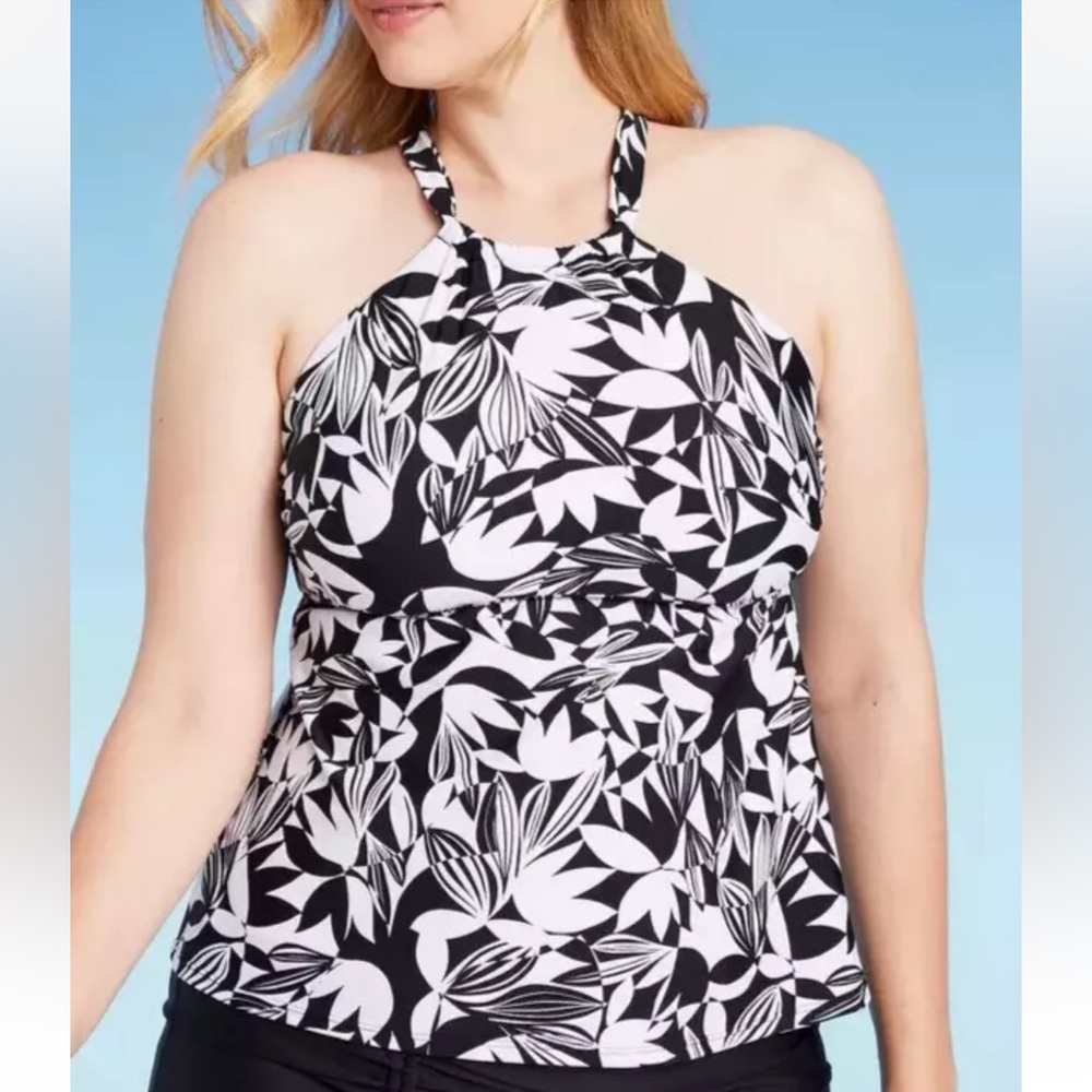 Shade & Shore Women's Tunneled Halter Tankini Top - Black Leaf Print NWT